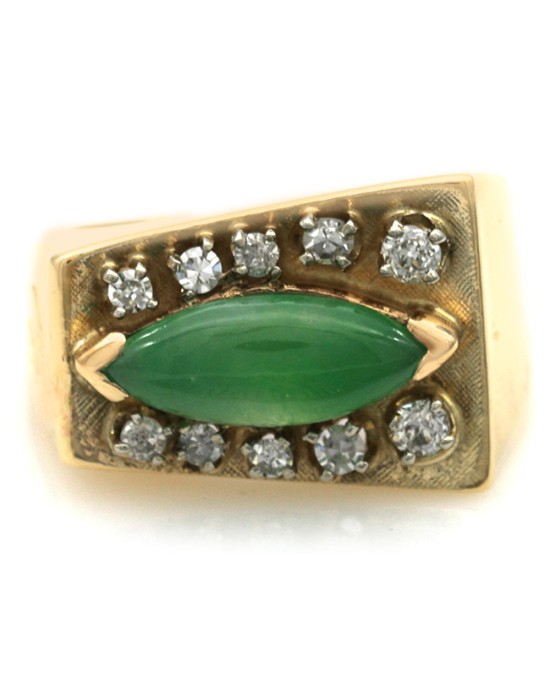 Green Jadeite and Diamond Geometric Fashion Ring in Yellow Gold